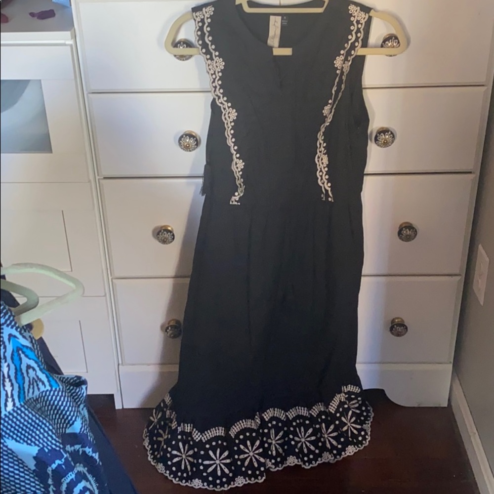 Black midi dress with white embroidery